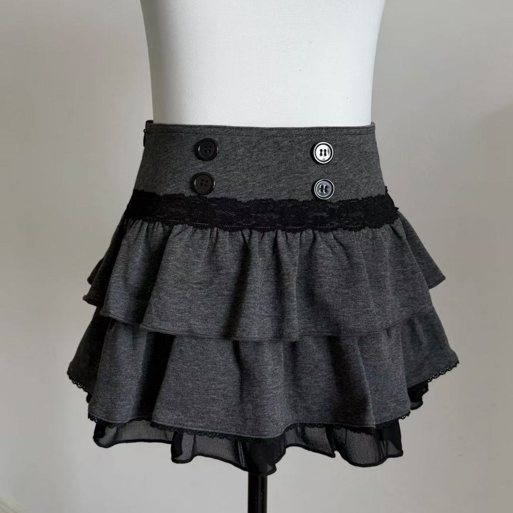 Lace Gray｜Vintage Button A-Line Mini Skirt with Built-in Shorts