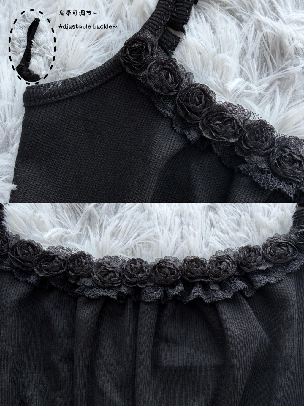 Lace Gray | Black Rose Lace Cami Top, Black Slim Ribbed Dark Coquette Original Design