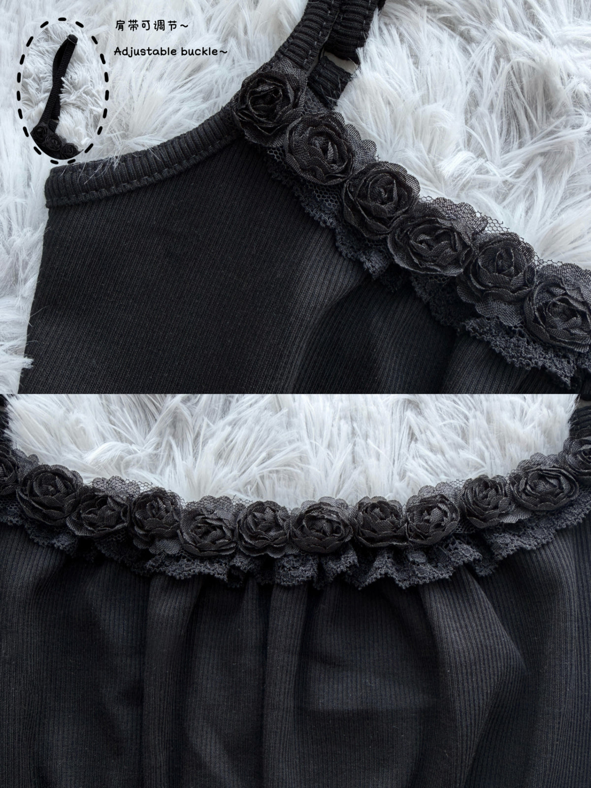 Lace Gray | Black Rose Lace Cami Top, Black Slim Ribbed Dark Coquette Original Design