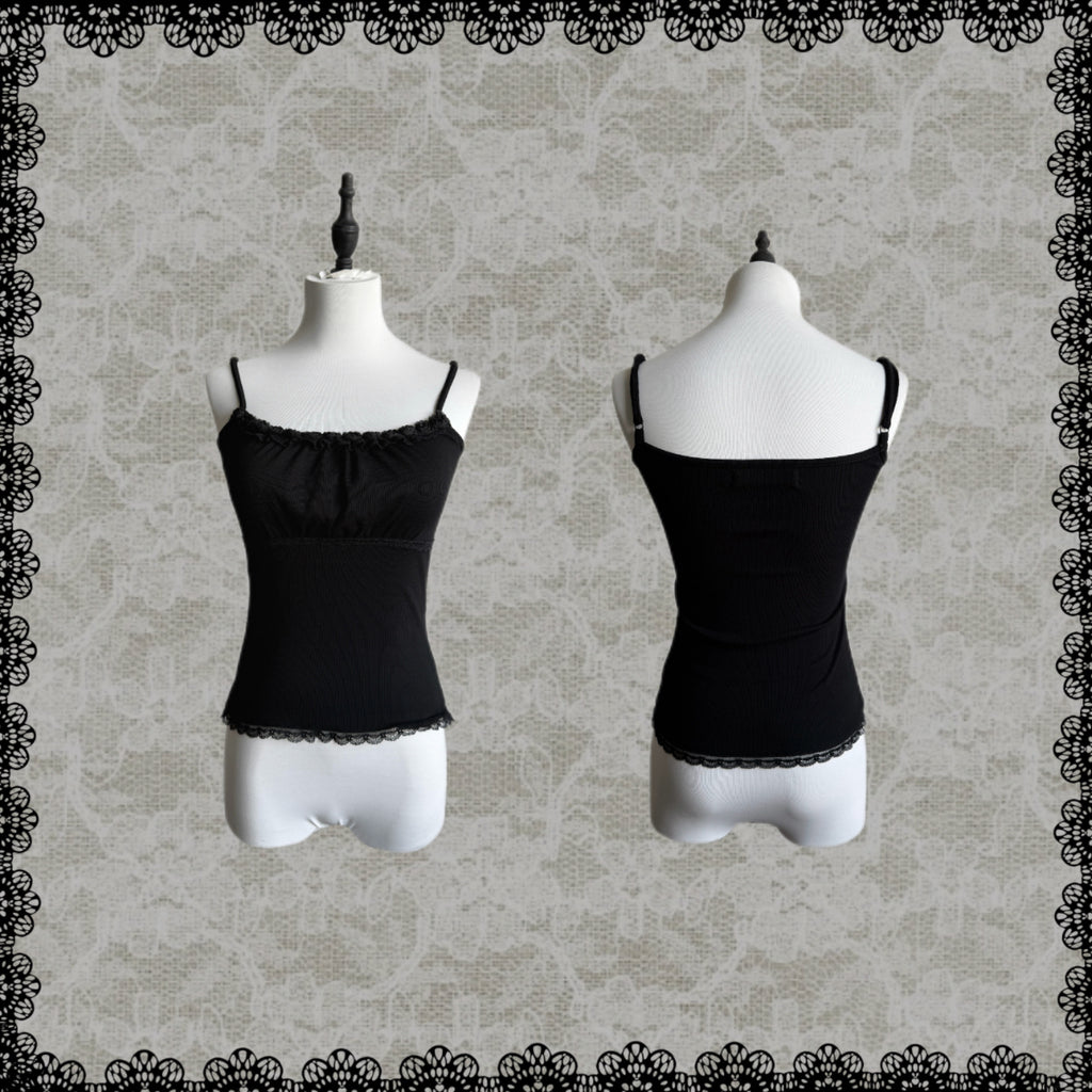 Lace Gray | Black Rose Lace Cami Top, Black Slim Ribbed Dark Coquette Original Design