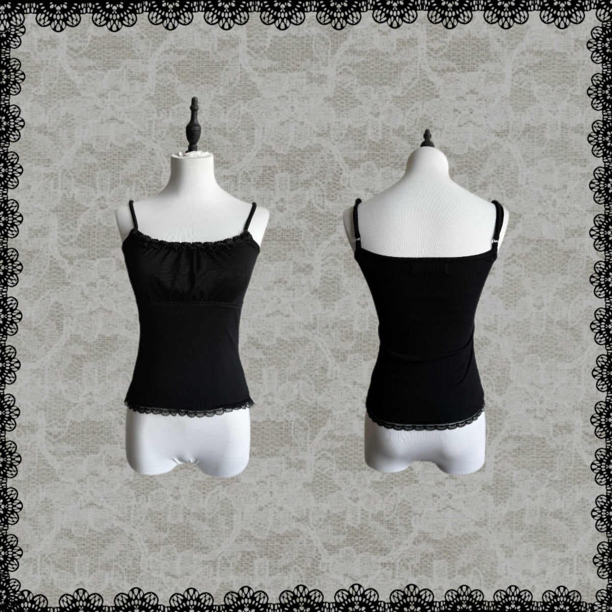 Lace Gray | Black Rose Lace Cami Top, Black Slim Ribbed Dark Coquette Original Design