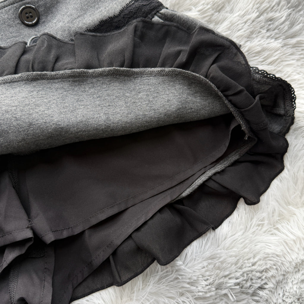 Lace Gray｜Vintage Button A-Line Mini Skirt with Built-in Shorts