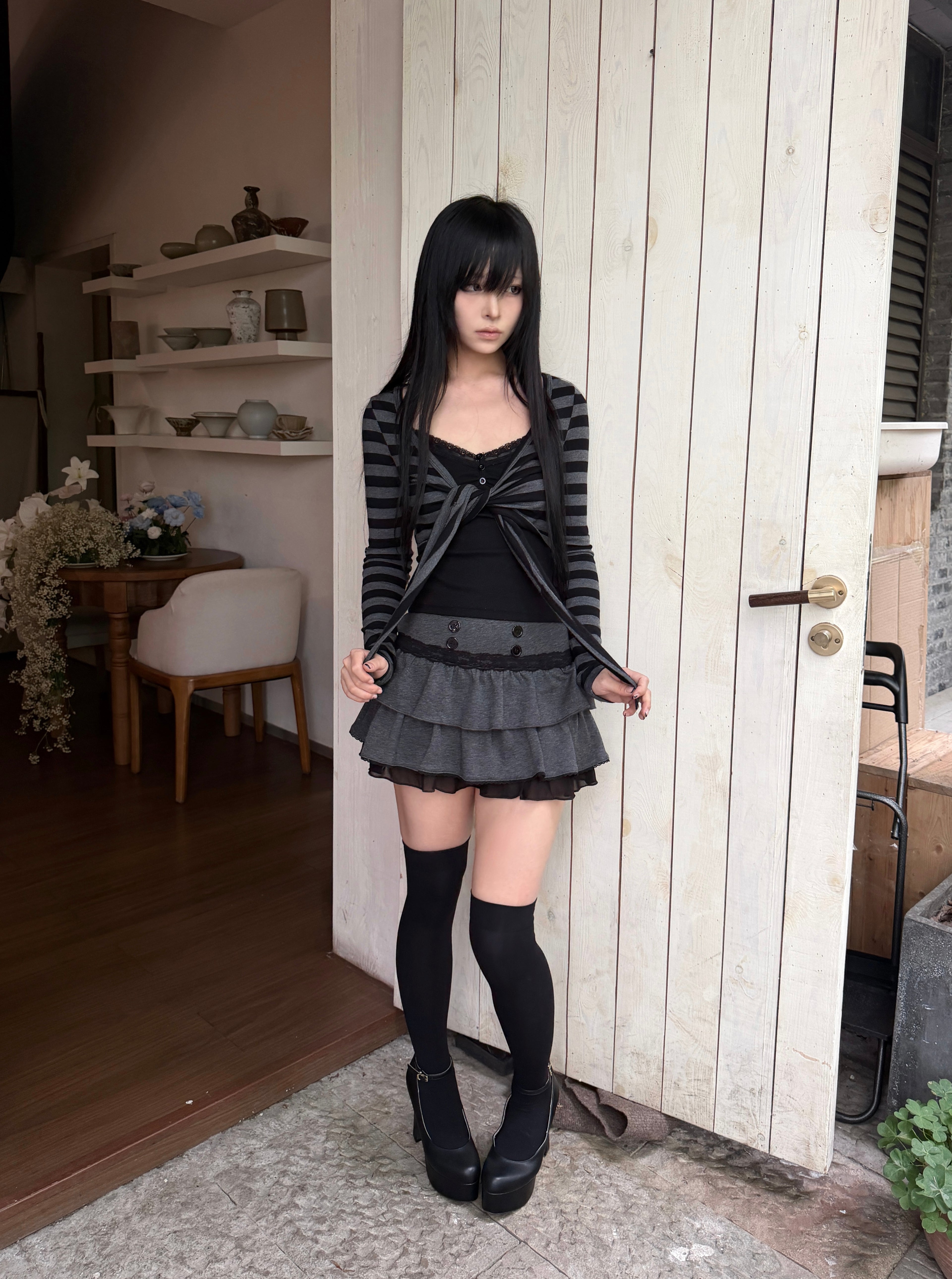 Lace Gray | Black & Gray Striped Tie-Waist Cardigan, Vintage Grunge Tone Slim-Fit Versatile Adjustable Sleeve Cropped Jacket