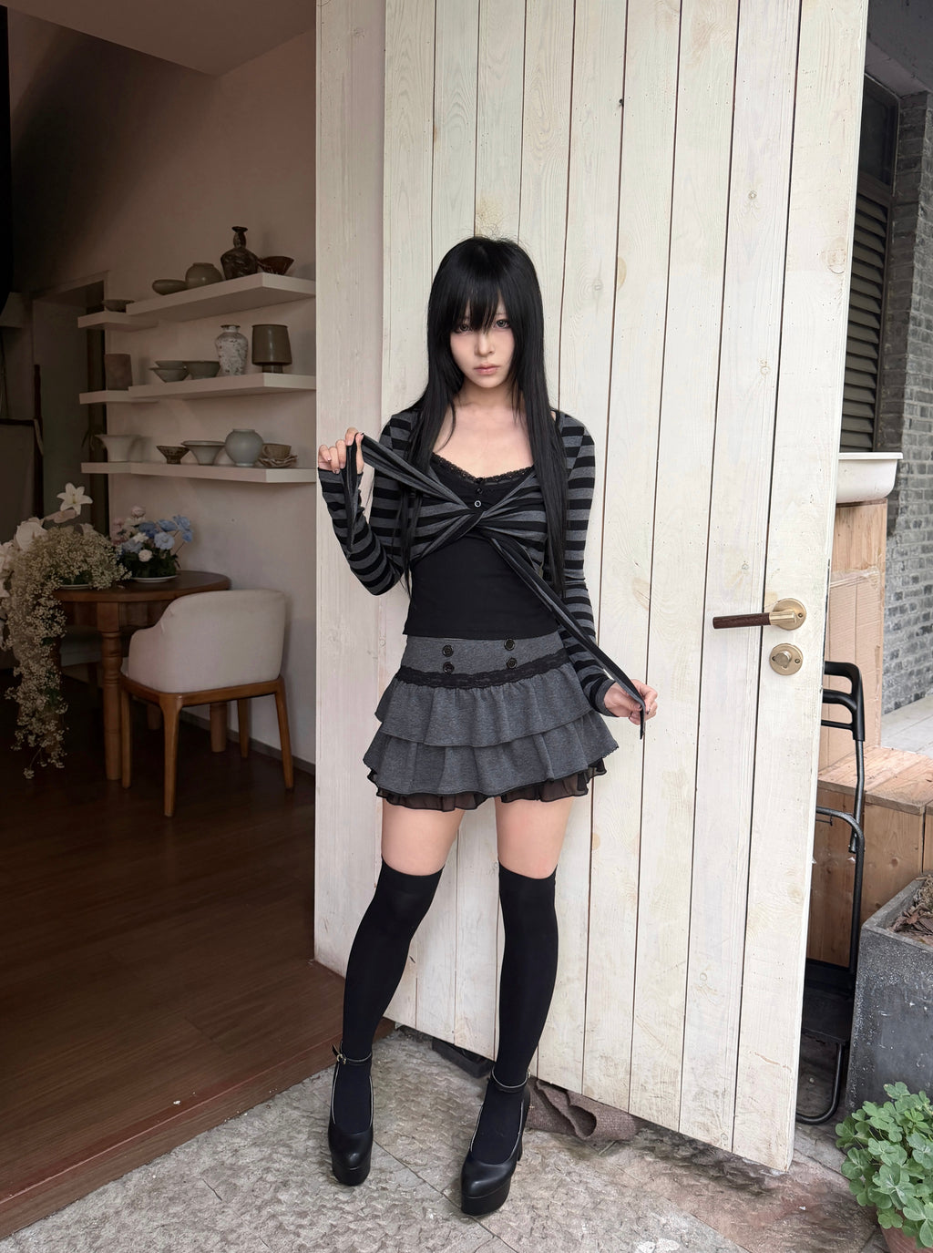Lace Gray | Black & Gray Striped Tie-Waist Cardigan, Vintage Grunge Tone Slim-Fit Versatile Adjustable Sleeve Cropped Jacket