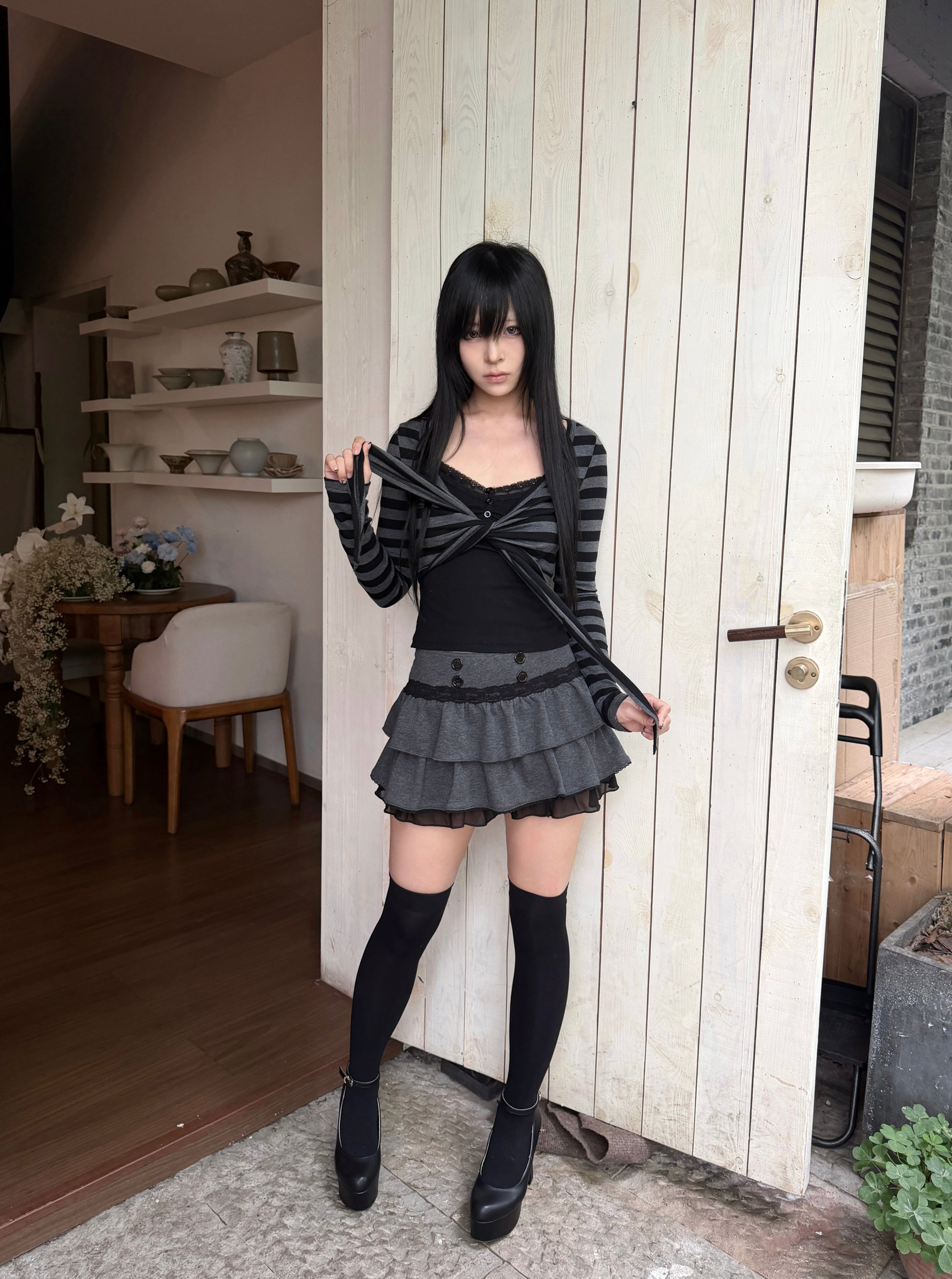 Lace Gray | Black & Gray Striped Tie-Waist Cardigan, Vintage Grunge Tone Slim-Fit Versatile Adjustable Sleeve Cropped Jacket