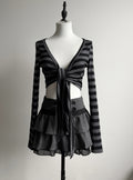Lace Gray | Black & Gray Striped Tie-Waist Cardigan, Vintage Grunge Tone Slim-Fit Versatile Adjustable Sleeve Cropped Jacket