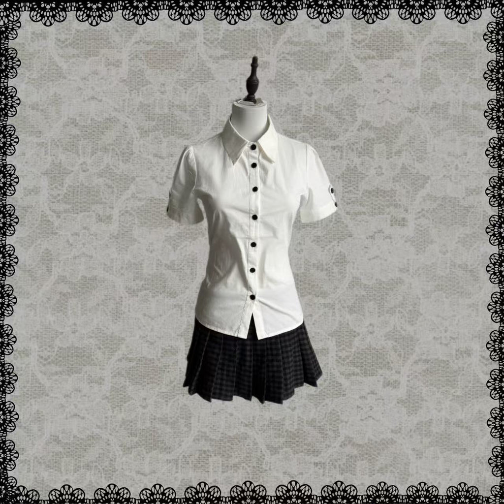 Lace Gray | Basic White Shirt, Versatile Waist Slim Black Button Foldable Cuff Summer Breathable Short Sleeve Blouse
