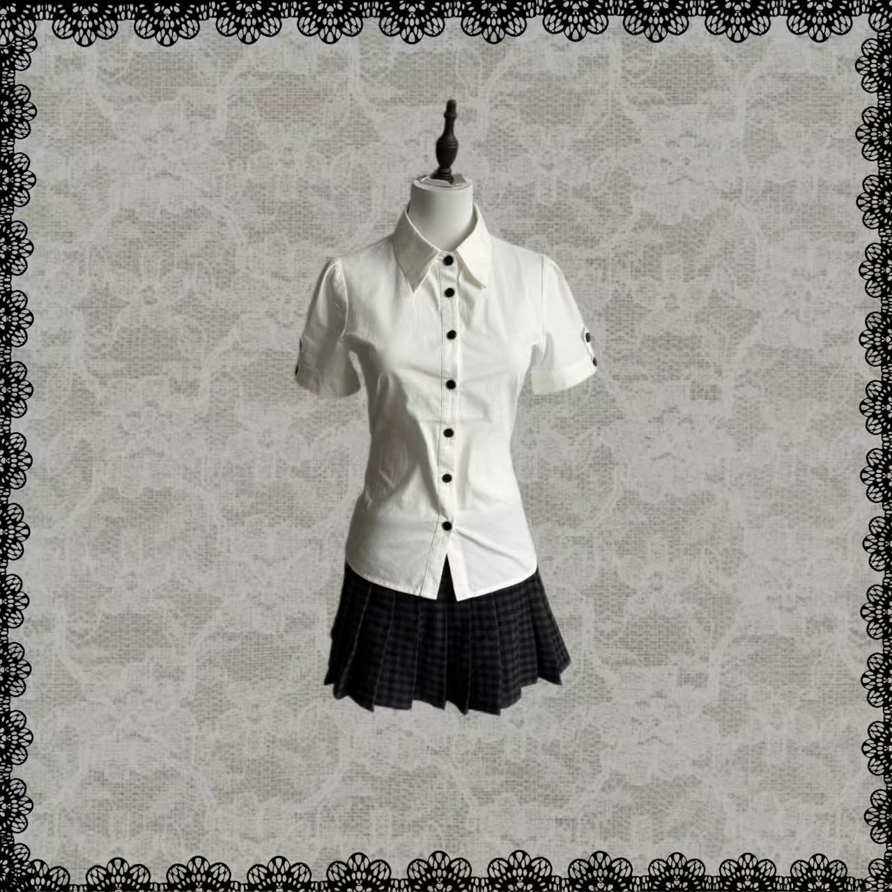 Lace Gray | Basic White Shirt, Versatile Waist Slim Black Button Foldable Cuff Summer Breathable Short Sleeve Blouse