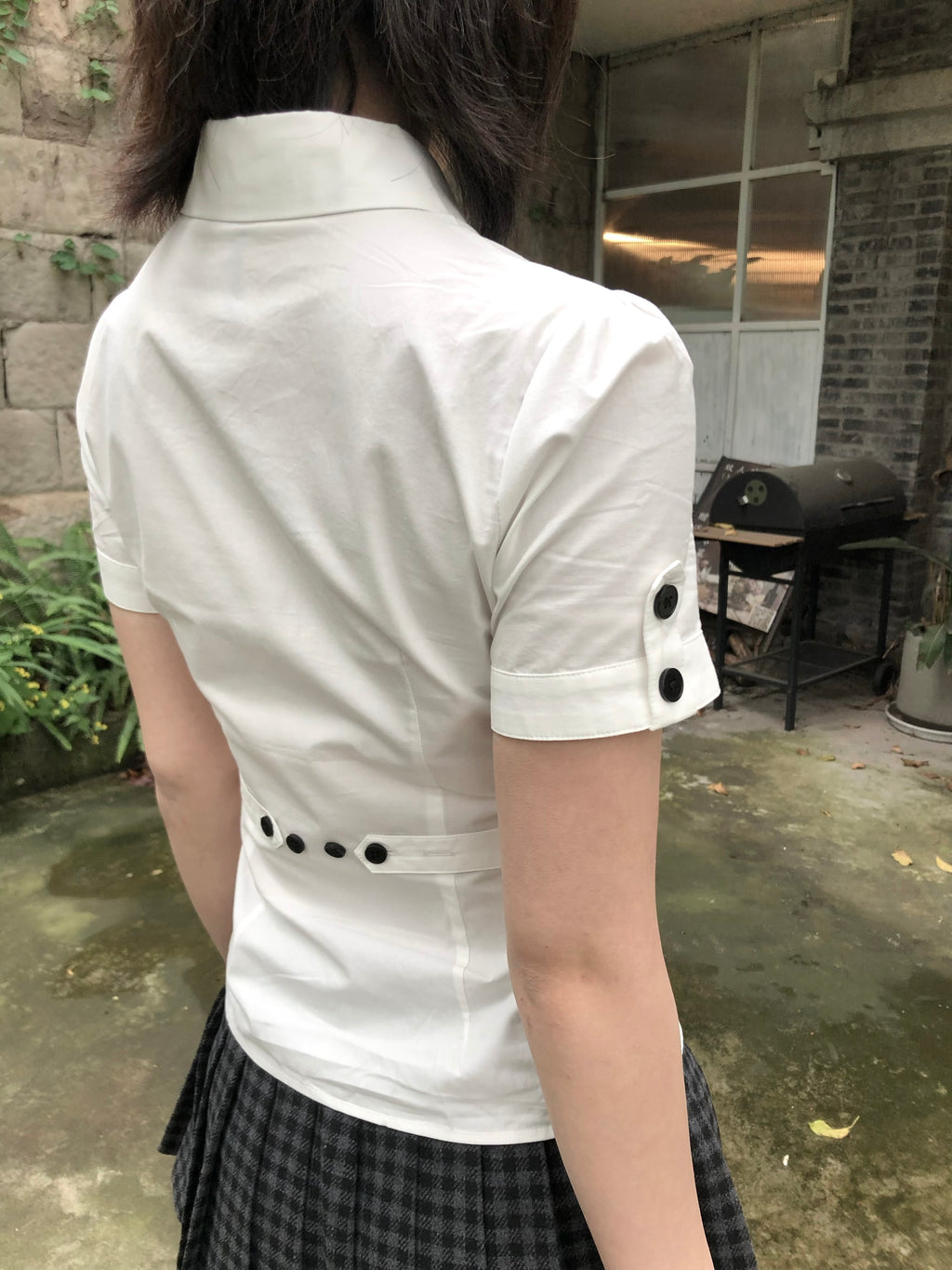 Lace Gray | Basic White Shirt, Versatile Waist Slim Black Button Foldable Cuff Summer Breathable Short Sleeve Blouse