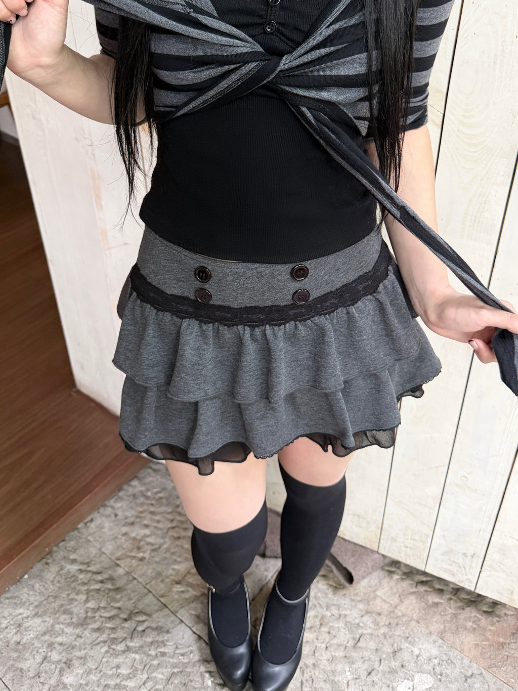 Lace Gray｜Vintage Button A-Line Mini Skirt with Built-in Shorts