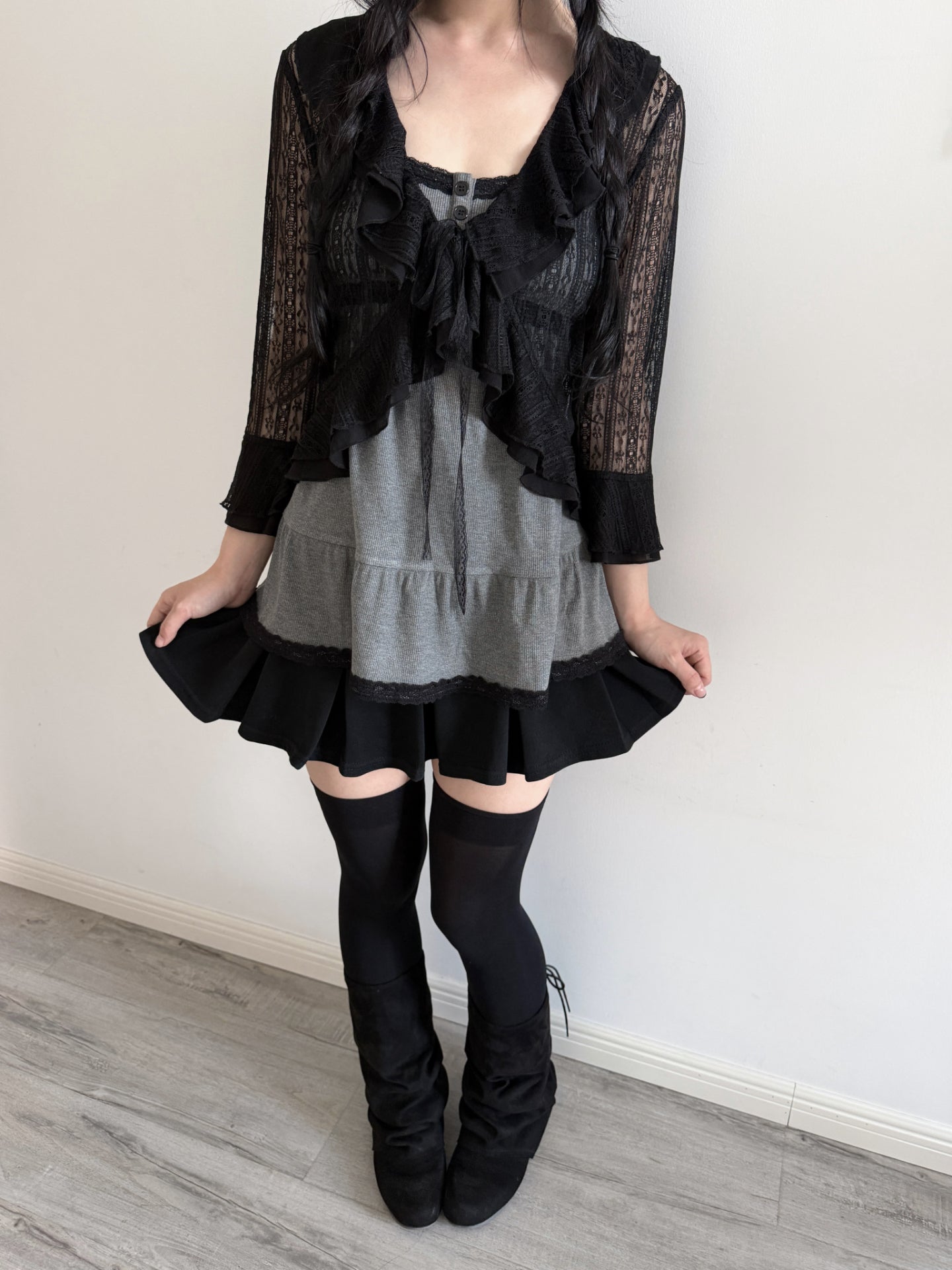 Lace Gray|Black Lace Tie-Front Cardigan with Ruffle Hem 3/4 Sleeves, Coquette Aesthetic Layered Top