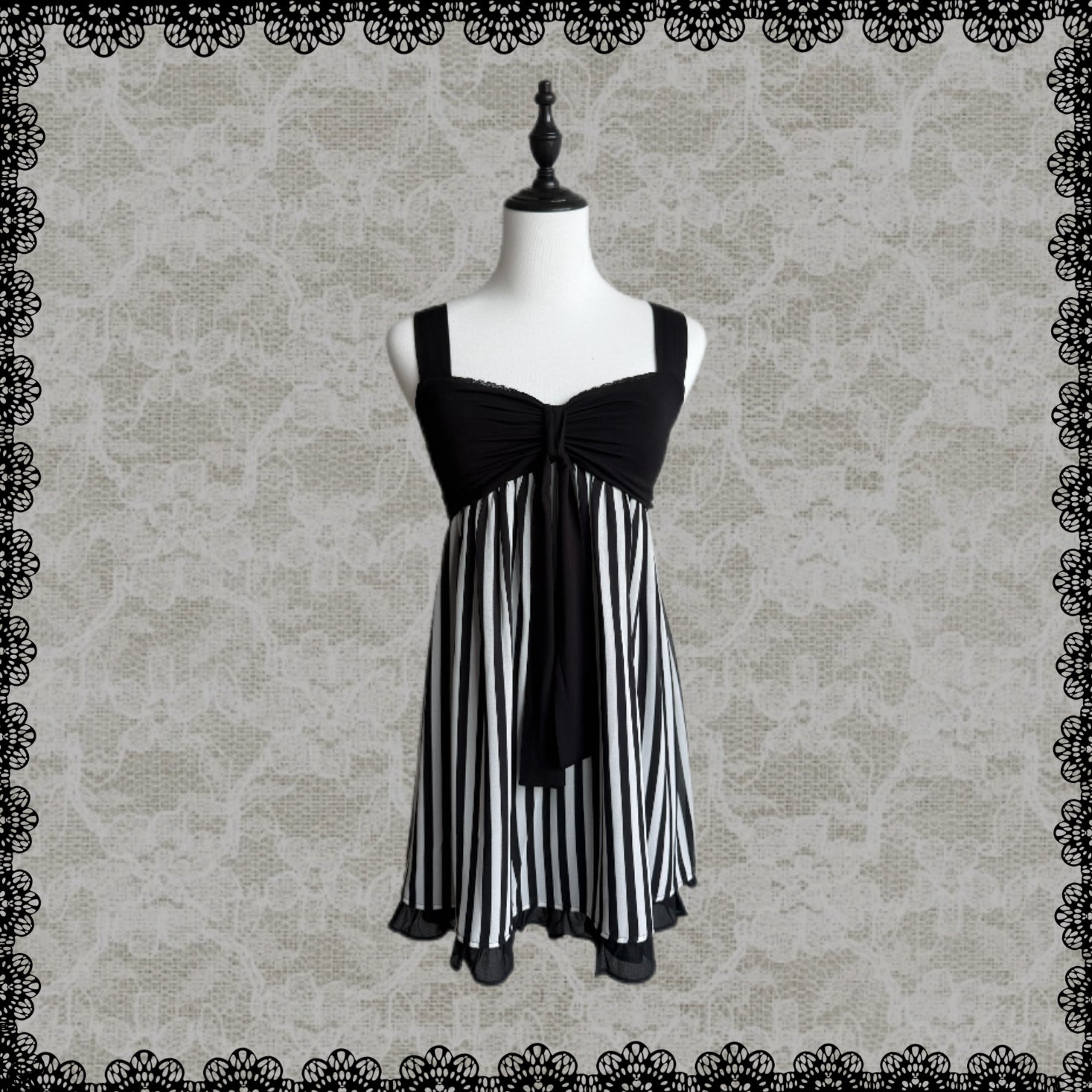 Lace Gray| Vintage Black & White Striped Cami Dress, Lace Patchwork Sleeveless Dress with Wide Straps