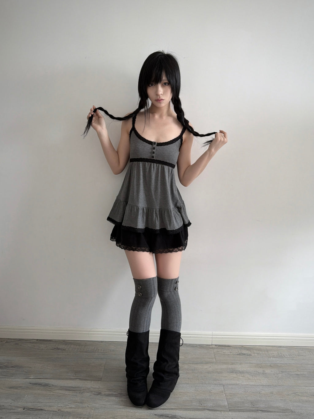 Lace Gray|Cami Top Adjustable Straps, Lace Trim, Cropped Layered Gray Aesthetic