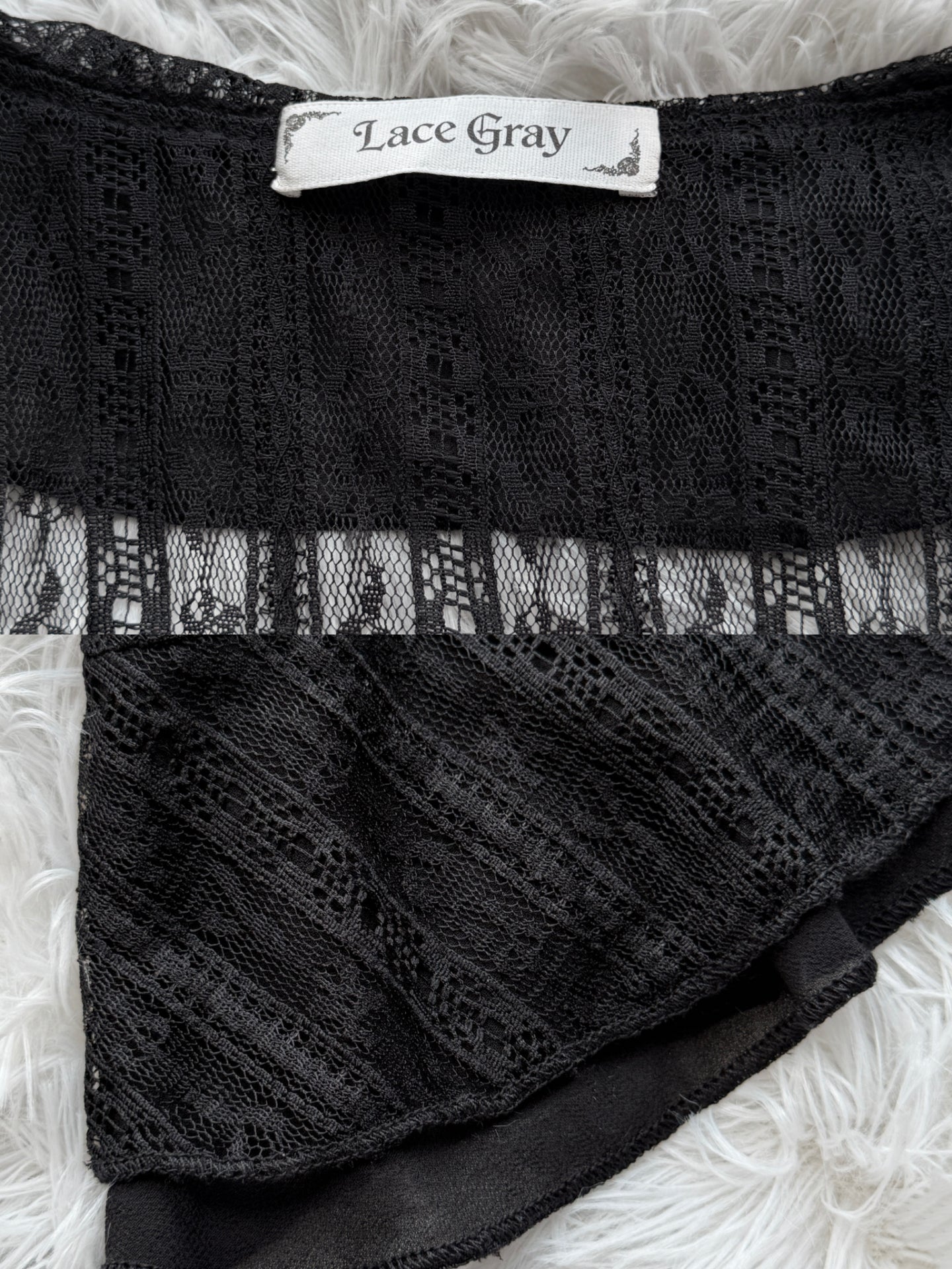 Lace Gray|Black Lace Tie-Front Cardigan with Ruffle Hem 3/4 Sleeves, Coquette Aesthetic Layered Top