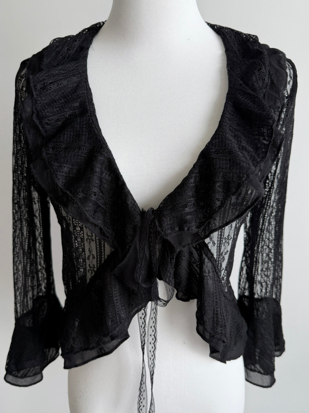 Lace Gray|Black Lace Tie-Front Cardigan with Ruffle Hem 3/4 Sleeves, Coquette Aesthetic Layered Top