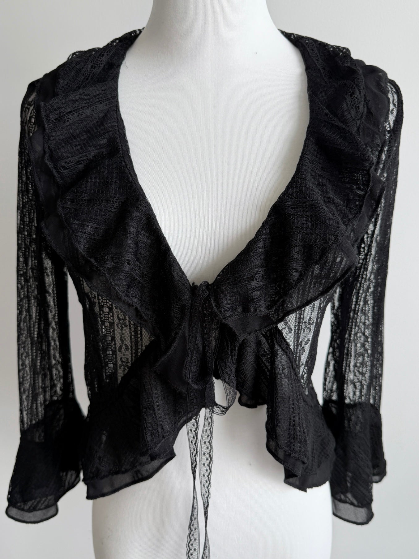 Lace Gray|Black Lace Tie-Front Cardigan with Ruffle Hem 3/4 Sleeves, Coquette Aesthetic Layered Top