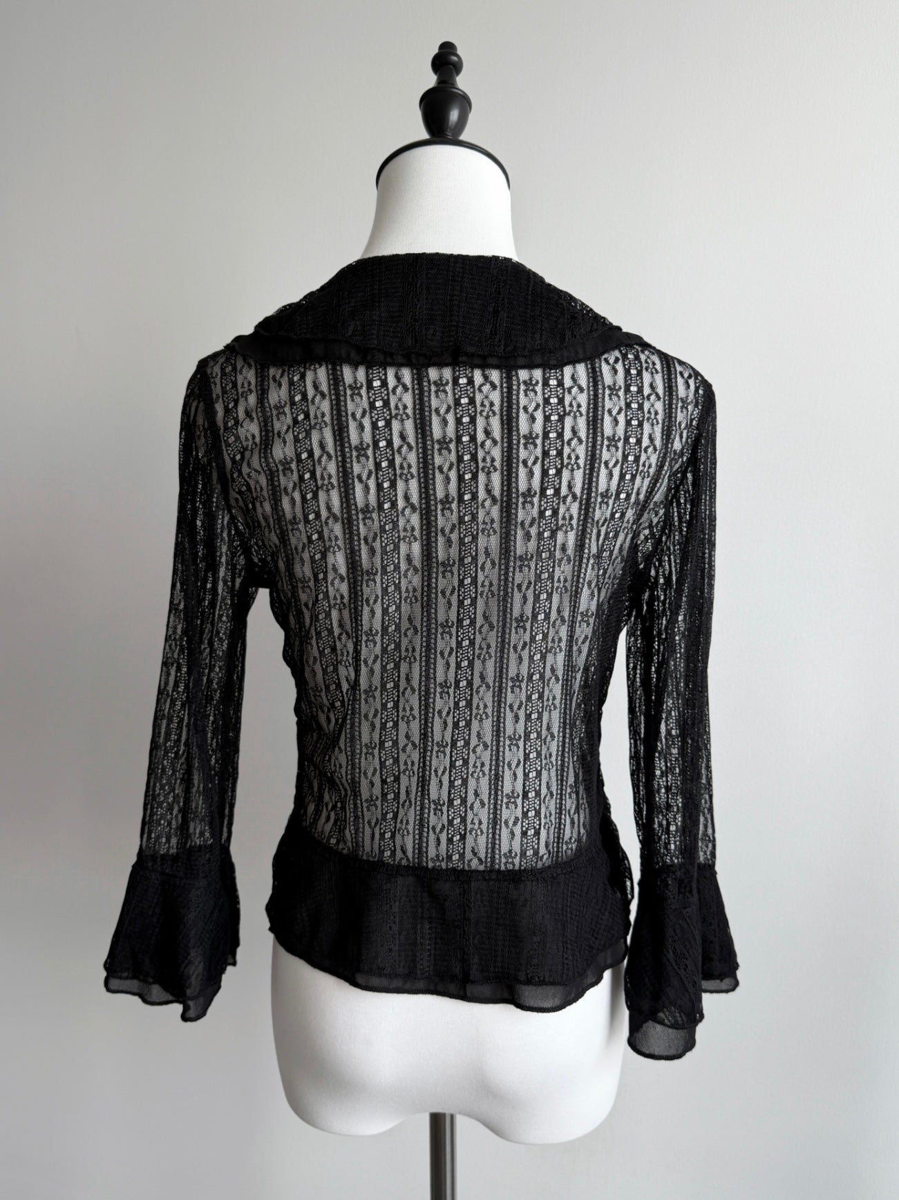 Lace Gray|Black Lace Tie-Front Cardigan with Ruffle Hem 3/4 Sleeves, Coquette Aesthetic Layered Top