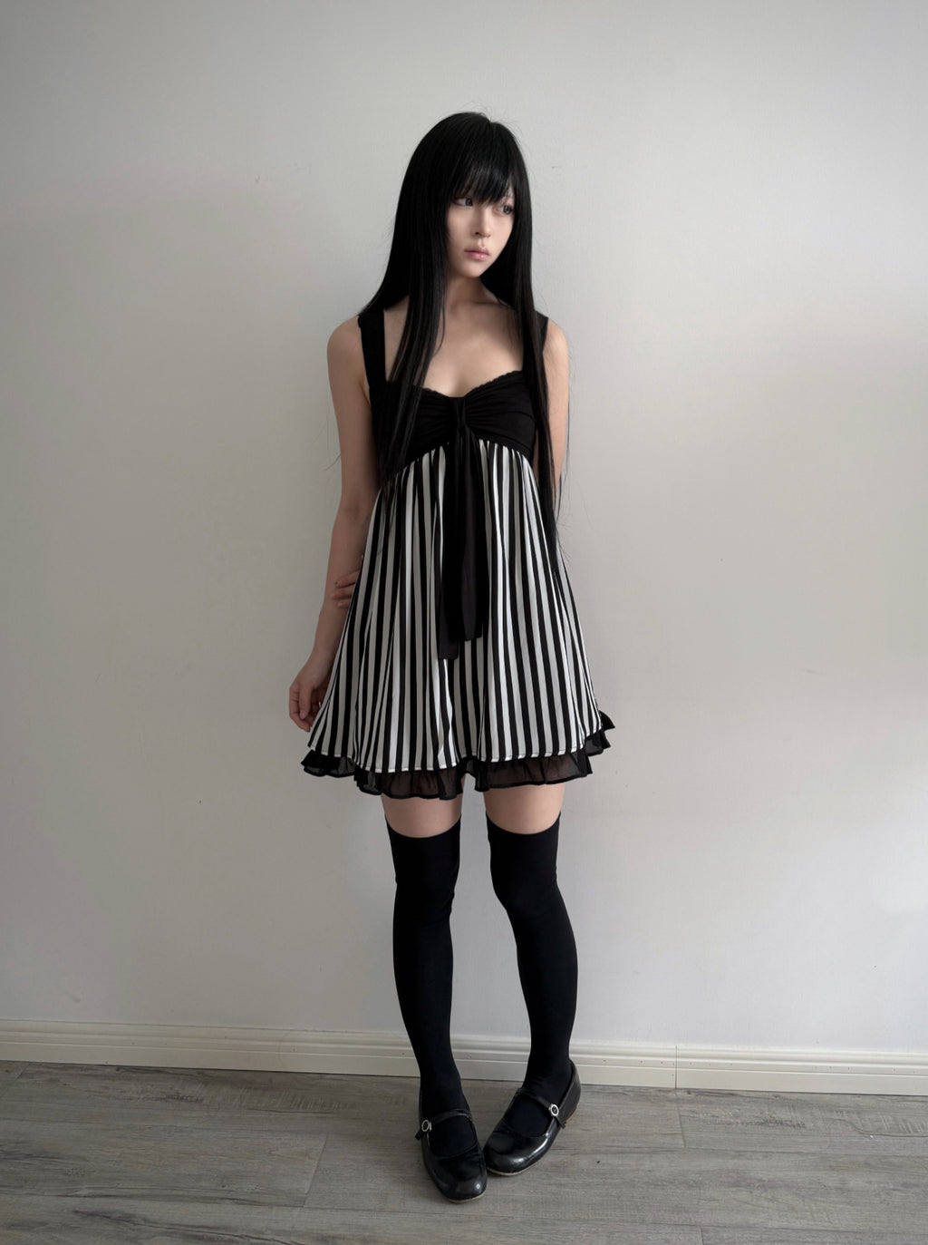 Lace Gray| Vintage Black & White Striped Cami Dress, Lace Patchwork Sleeveless Dress with Wide Straps