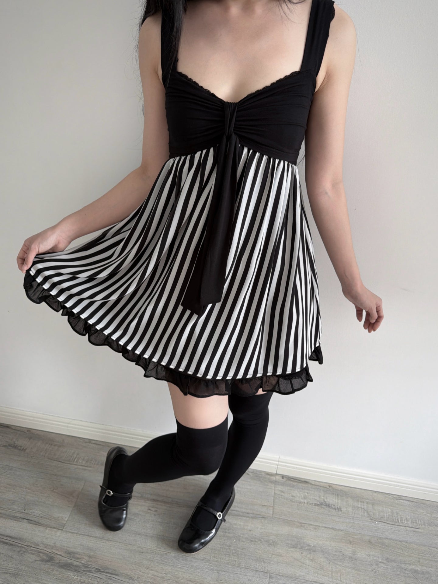 Lace Gray| Vintage Black & White Striped Cami Dress, Lace Patchwork Sleeveless Dress with Wide Straps