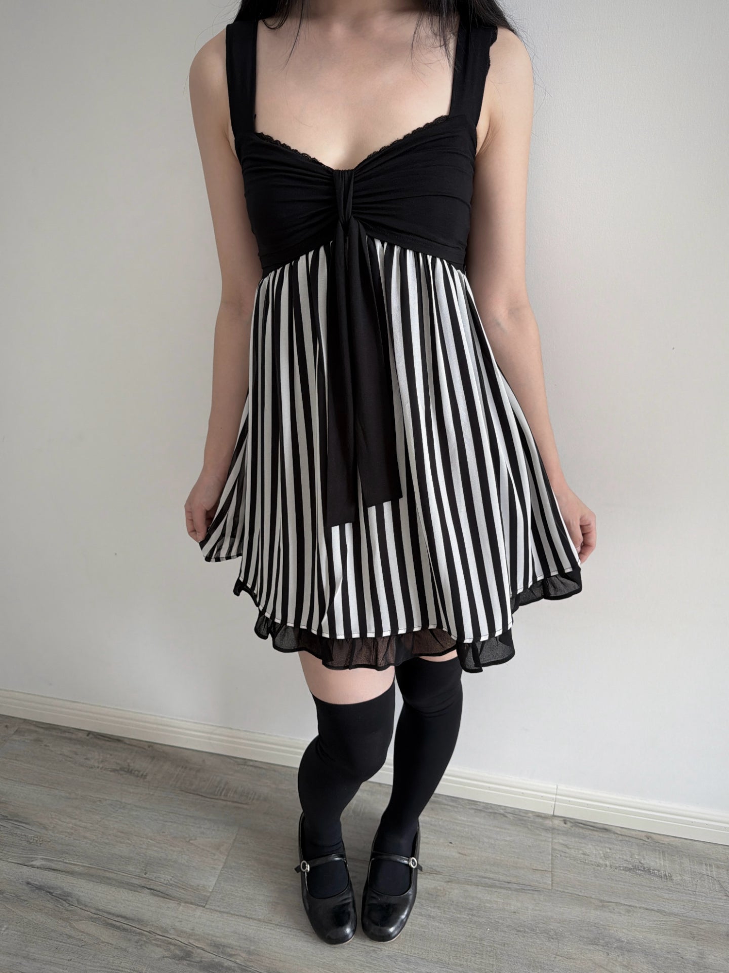 Lace Gray| Vintage Black & White Striped Cami Dress, Lace Patchwork Sleeveless Dress with Wide Straps