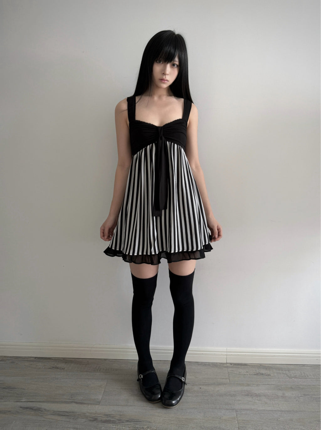 Lace Gray| Vintage Black & White Striped Cami Dress, Lace Patchwork Sleeveless Dress with Wide Straps