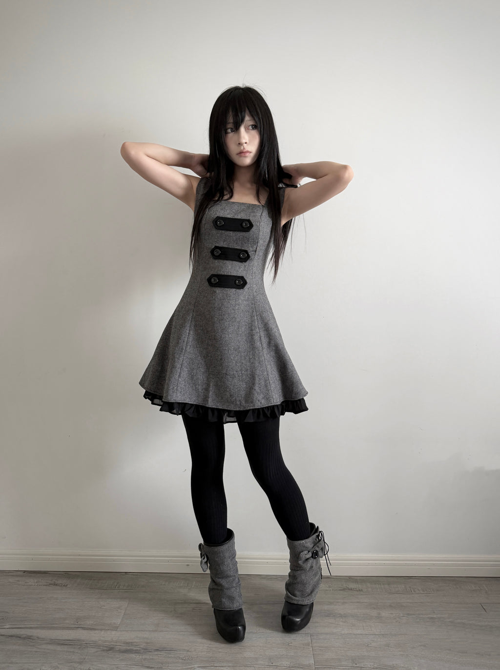Lace Gray|Limited‑run Retro‑Inspired Long Pinafore Dress, Wool‑Blend with Strap‑Loops & Double‑Breasted Buttons