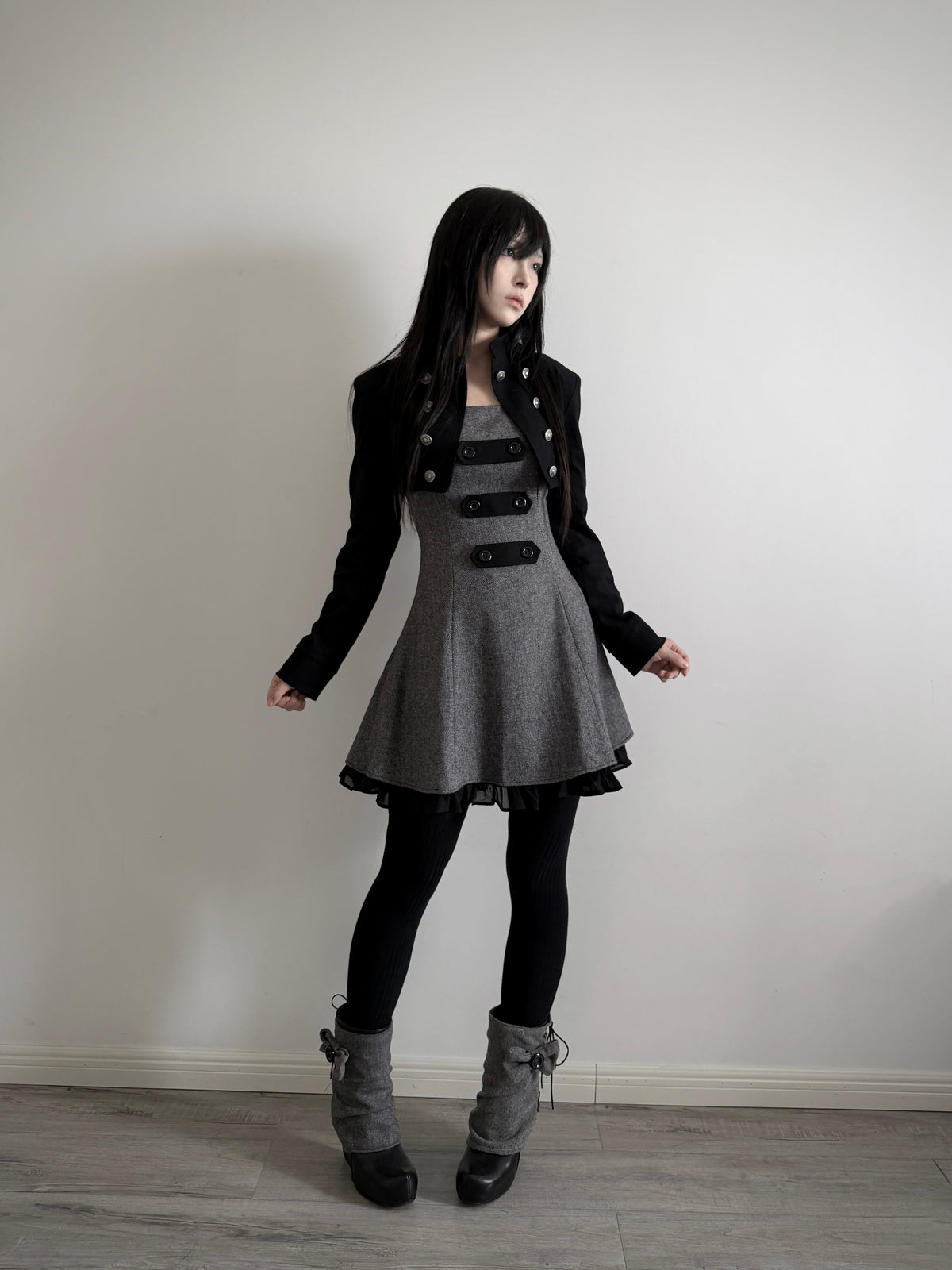 Lace Gray|Limited‑run Retro‑Inspired Long Pinafore Dress, Wool‑Blend with Strap‑Loops & Double‑Breasted Buttons