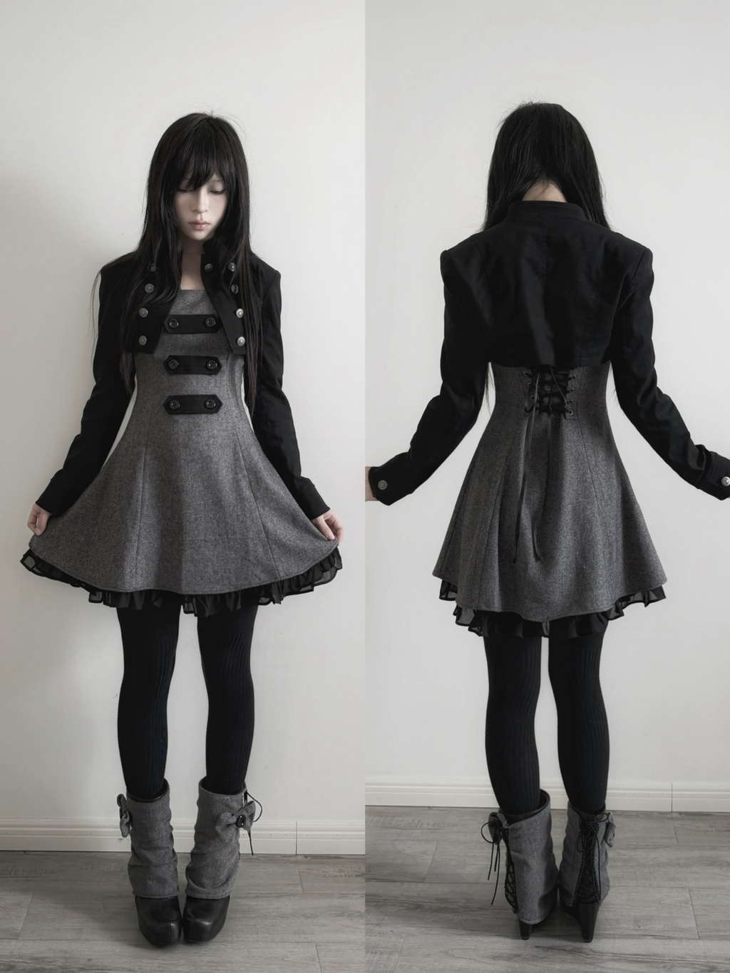 Lace Gray｜Stand‑Collar Dark‑Aesthetic Double‑Breasted Twill Cropped Jacket