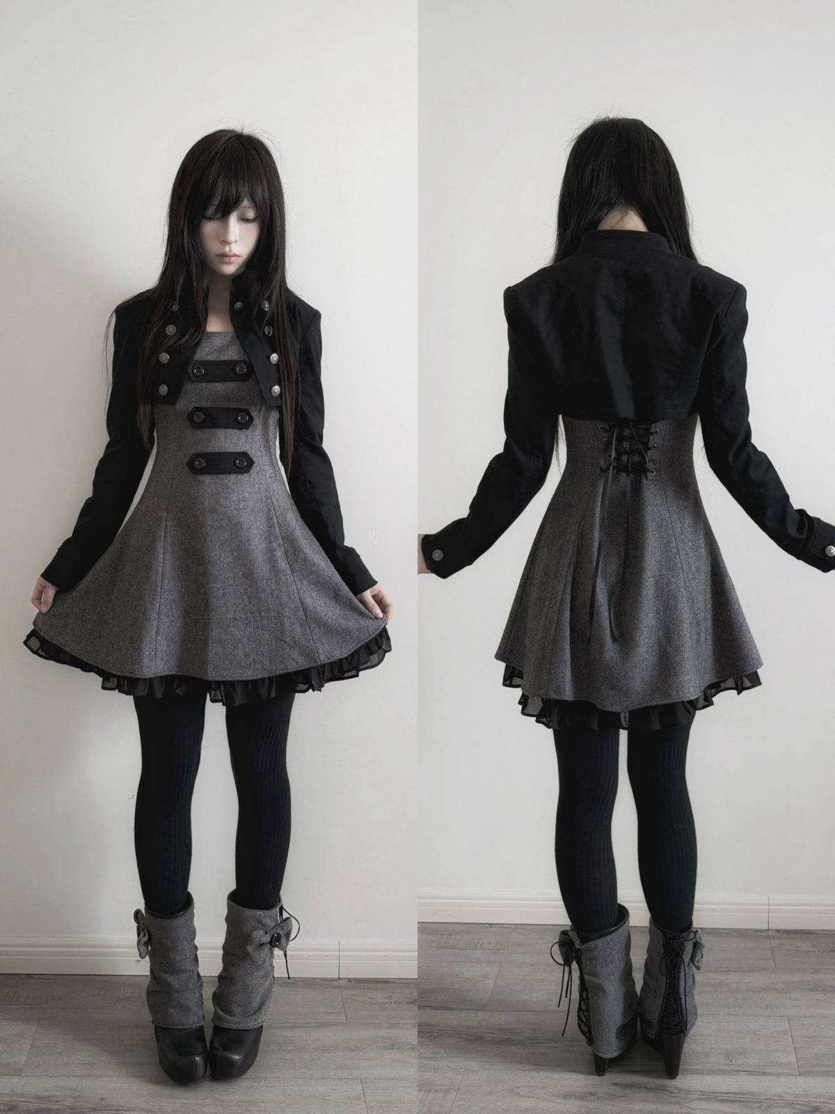Lace Gray｜Stand‑Collar Dark‑Aesthetic Double‑Breasted Twill Cropped Jacket