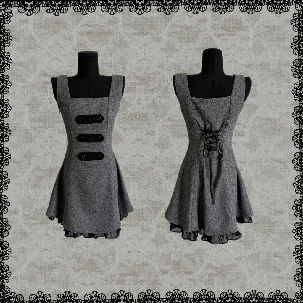 Lace Gray|Limited‑run Retro‑Inspired Long Pinafore Dress, Wool‑Blend with Strap‑Loops & Double‑Breasted Buttons