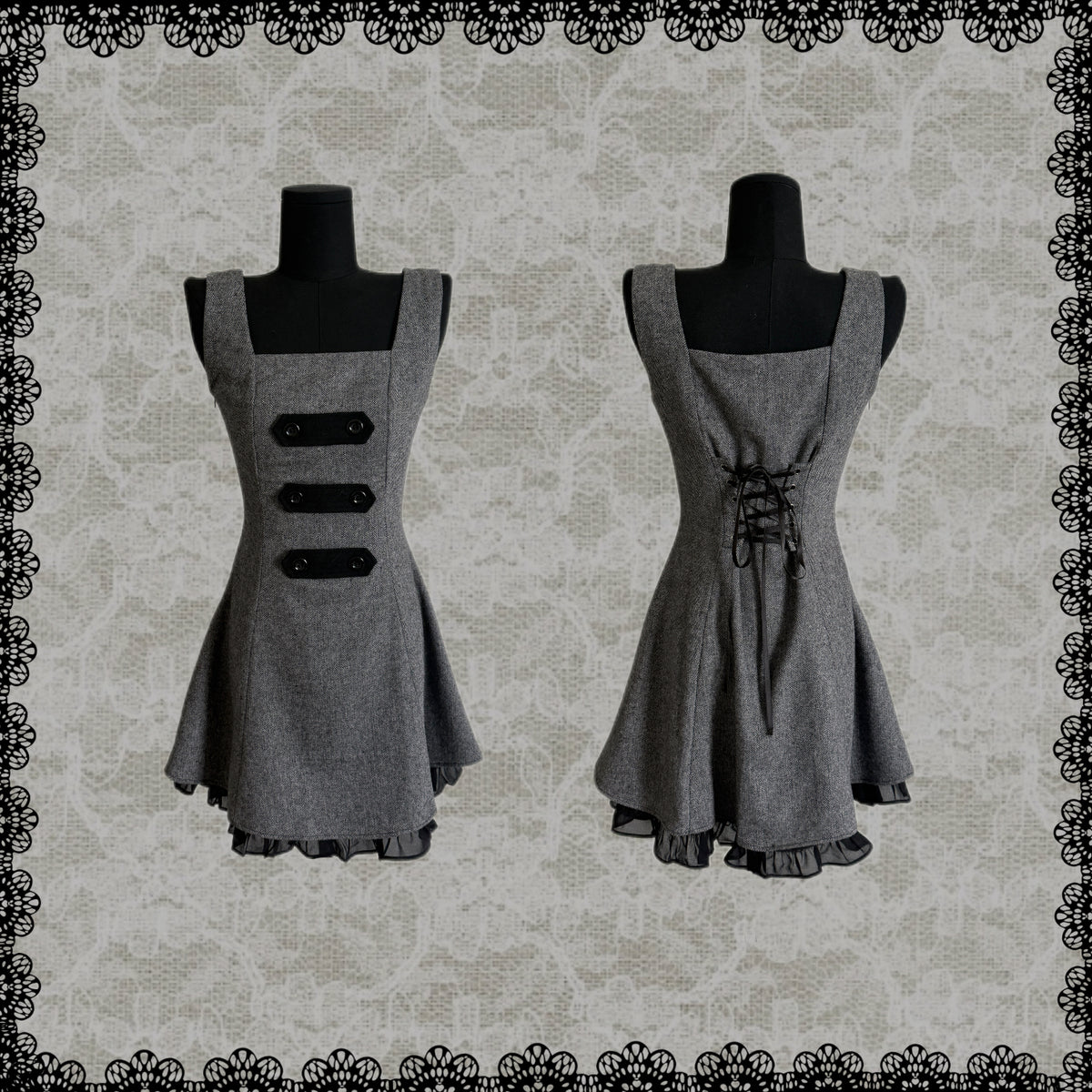 Lace Gray|Limited‑run Retro‑Inspired Long Pinafore Dress, Wool‑Blend with Strap‑Loops & Double‑Breasted Buttons