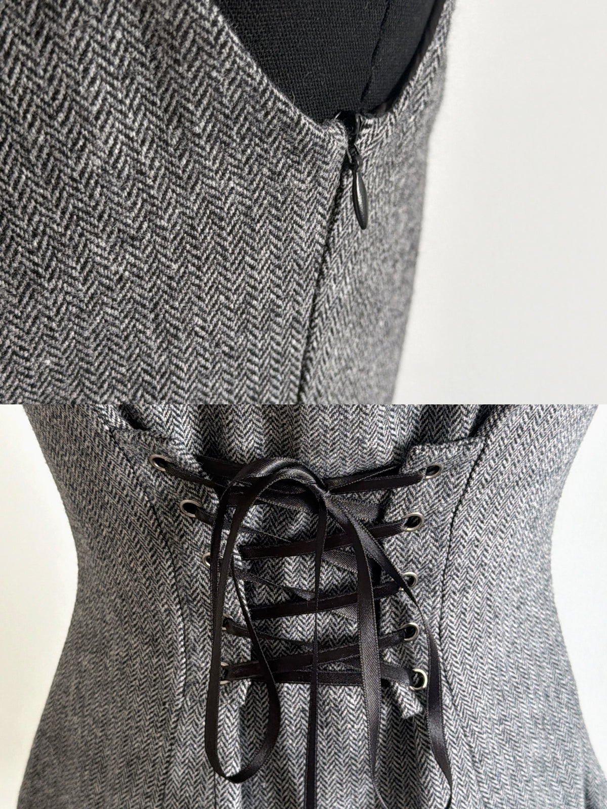 Lace Gray|Limited‑run Retro‑Inspired Long Pinafore Dress, Wool‑Blend with Strap‑Loops & Double‑Breasted Buttons