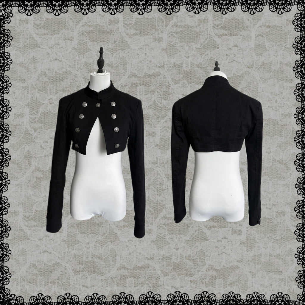 Lace Gray｜Stand‑Collar Dark‑Aesthetic Double‑Breasted Twill Cropped Jacket