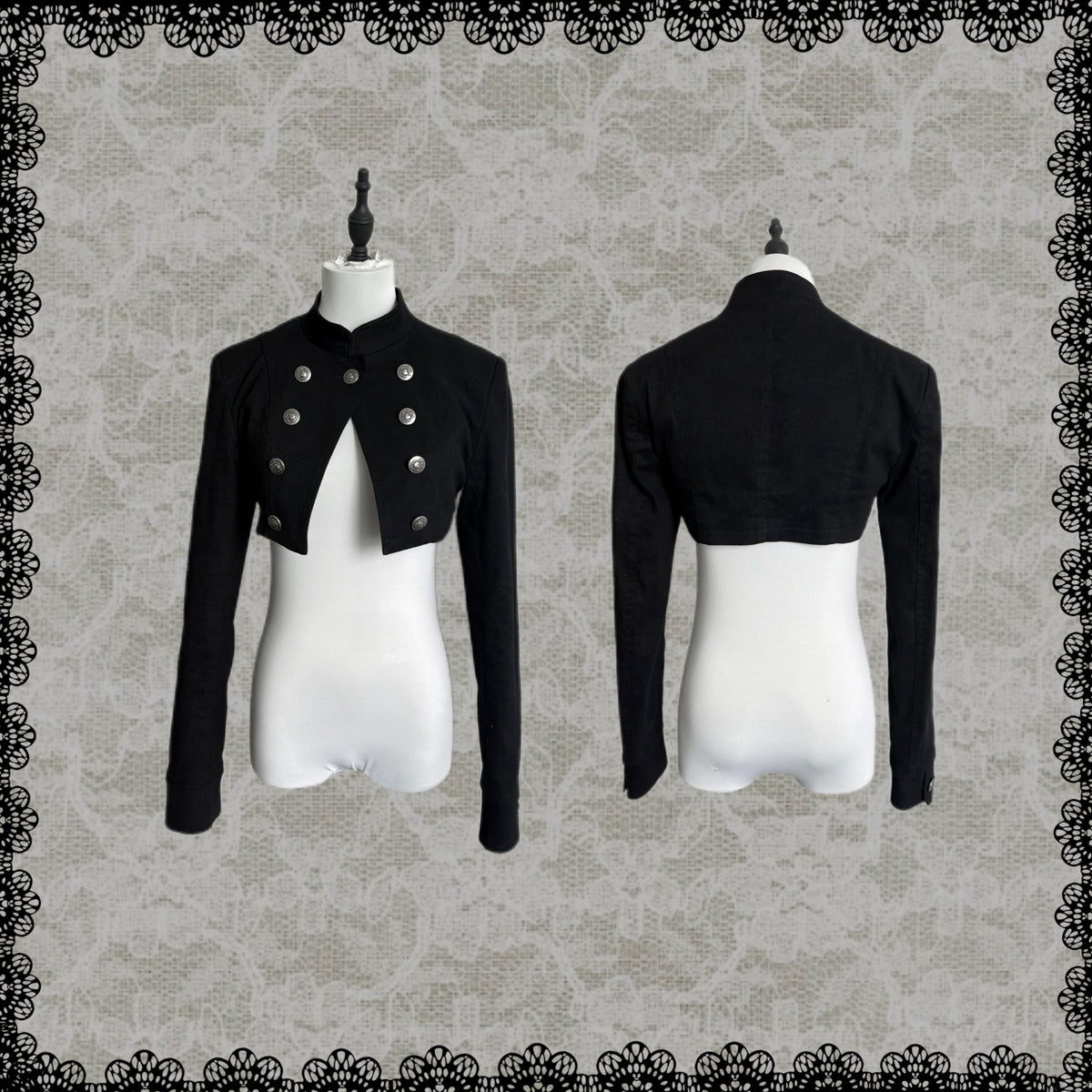 Lace Gray｜Stand‑Collar Dark‑Aesthetic Double‑Breasted Twill Cropped Jacket