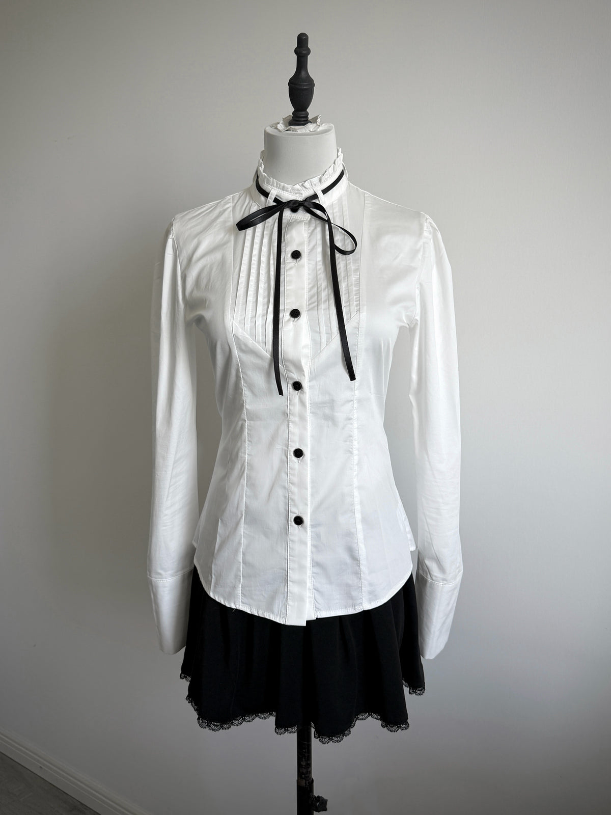 Lace Gray | Accordion‑Pleated Tie Stand‑Collar Cotton Blouse Fitted Waist