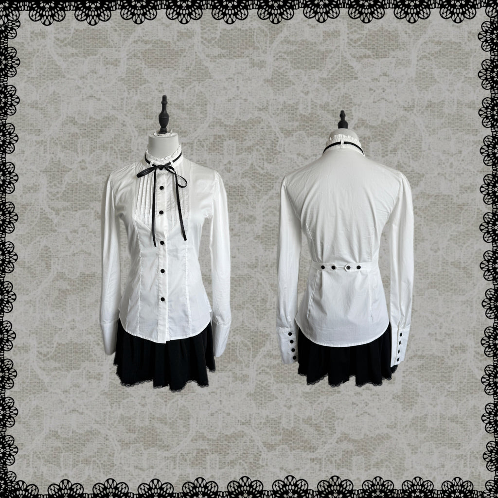 Lace Gray | Accordion‑Pleated Tie Stand‑Collar Cotton Blouse Fitted Waist