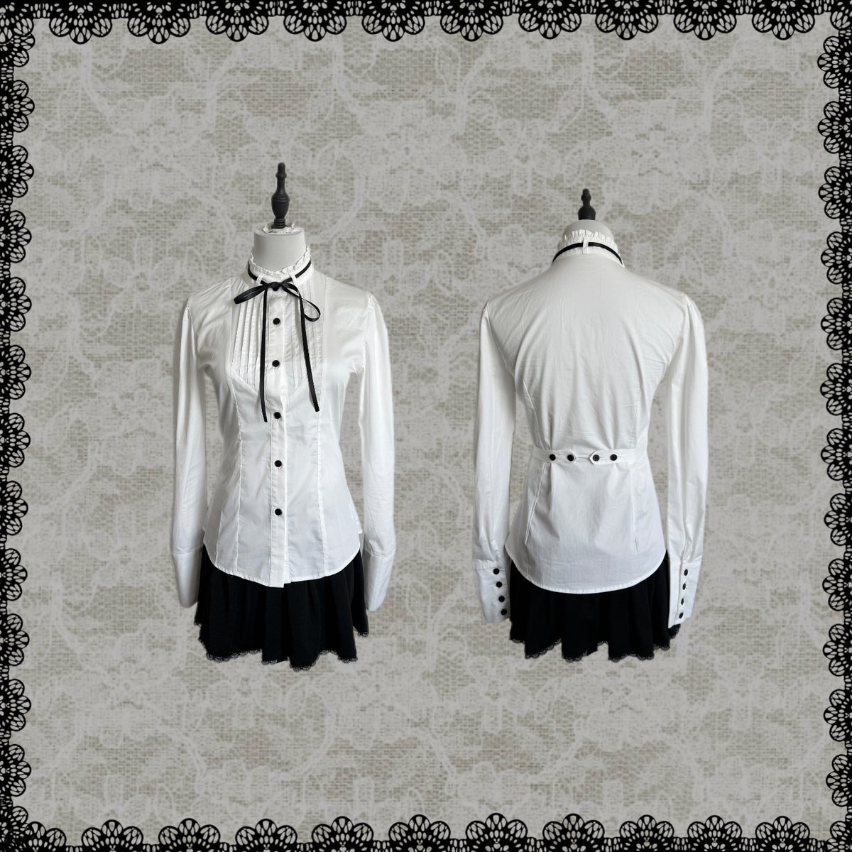 Lace Gray | Accordion‑Pleated Tie Stand‑Collar Cotton Blouse Fitted Waist