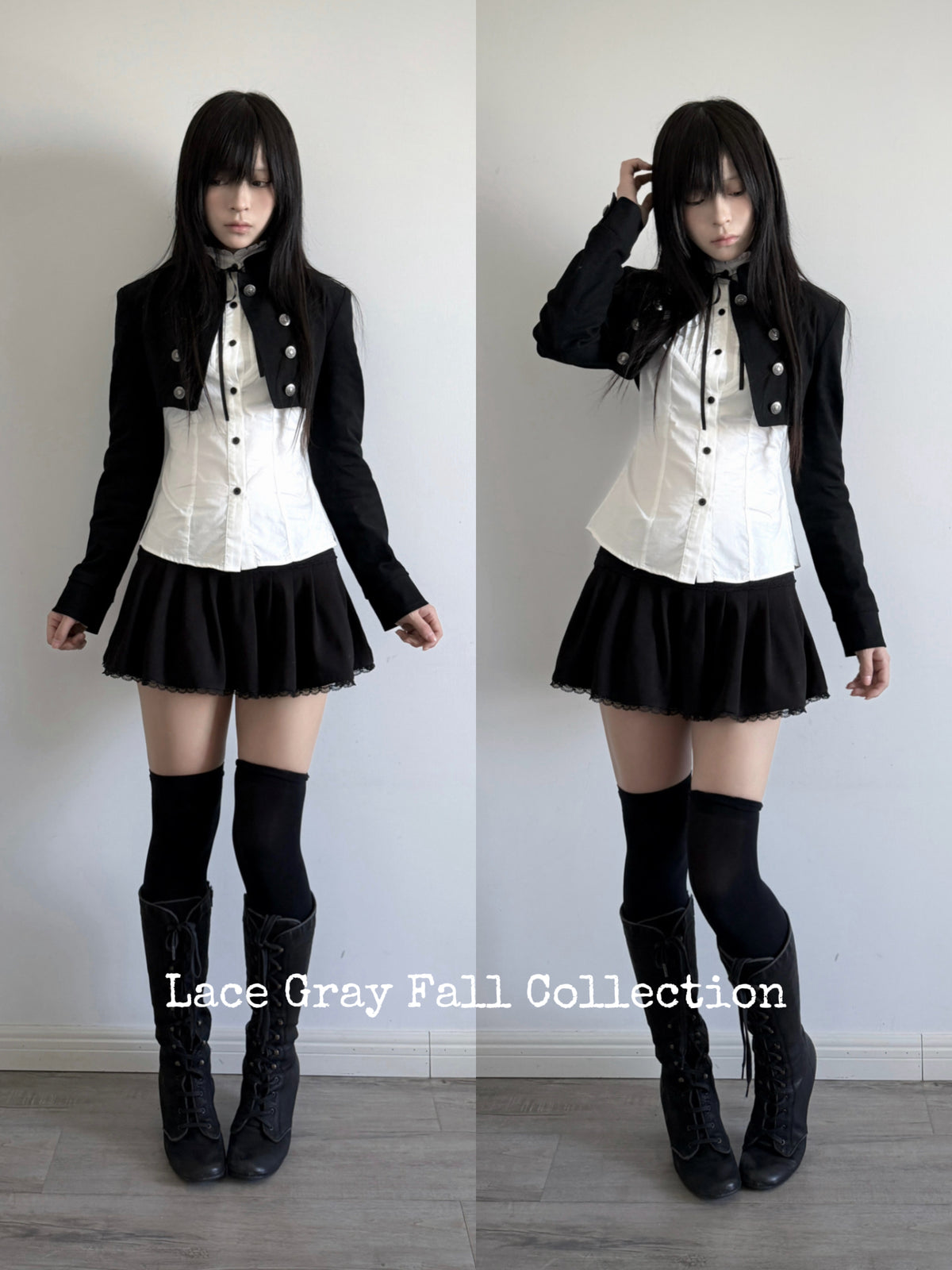 Lace Gray｜Stand‑Collar Dark‑Aesthetic Double‑Breasted Twill Cropped Jacket