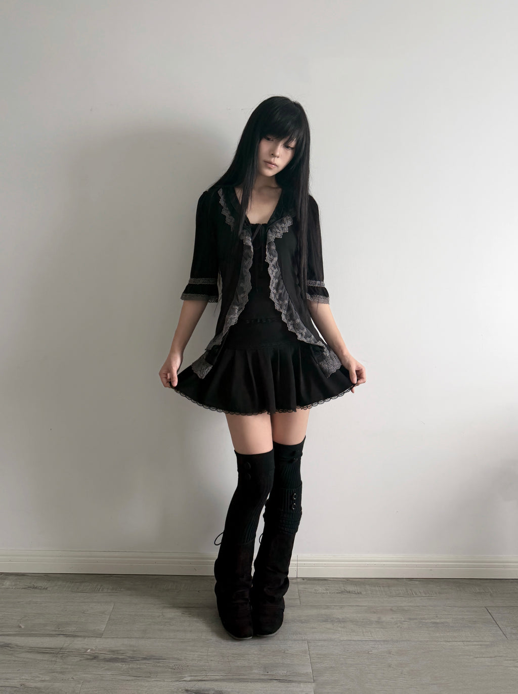 Lace Gray | Grey Lace Cardigan, Dark Layered Frill Tie Outerwear Original Dark Coquette