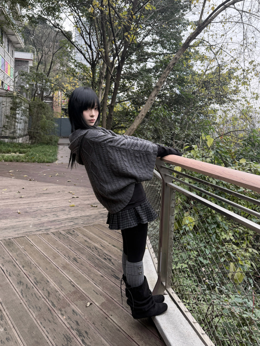 Lace Gray｜Vintage vibe Knit Hooded poncho Batwing Loose