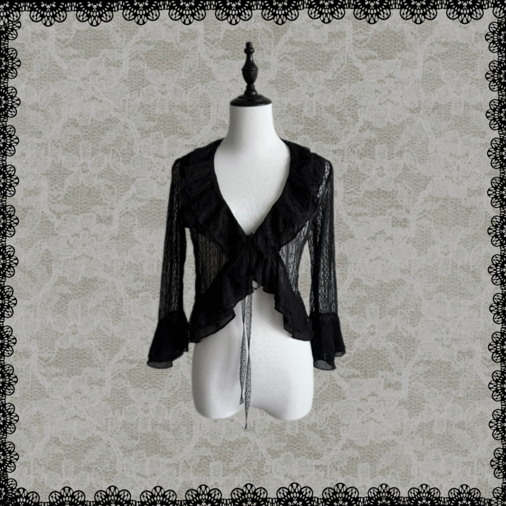 Lace Gray|Black Lace Tie-Front Cardigan with Ruffle Hem 3/4 Sleeves, Coquette Aesthetic Layered Top