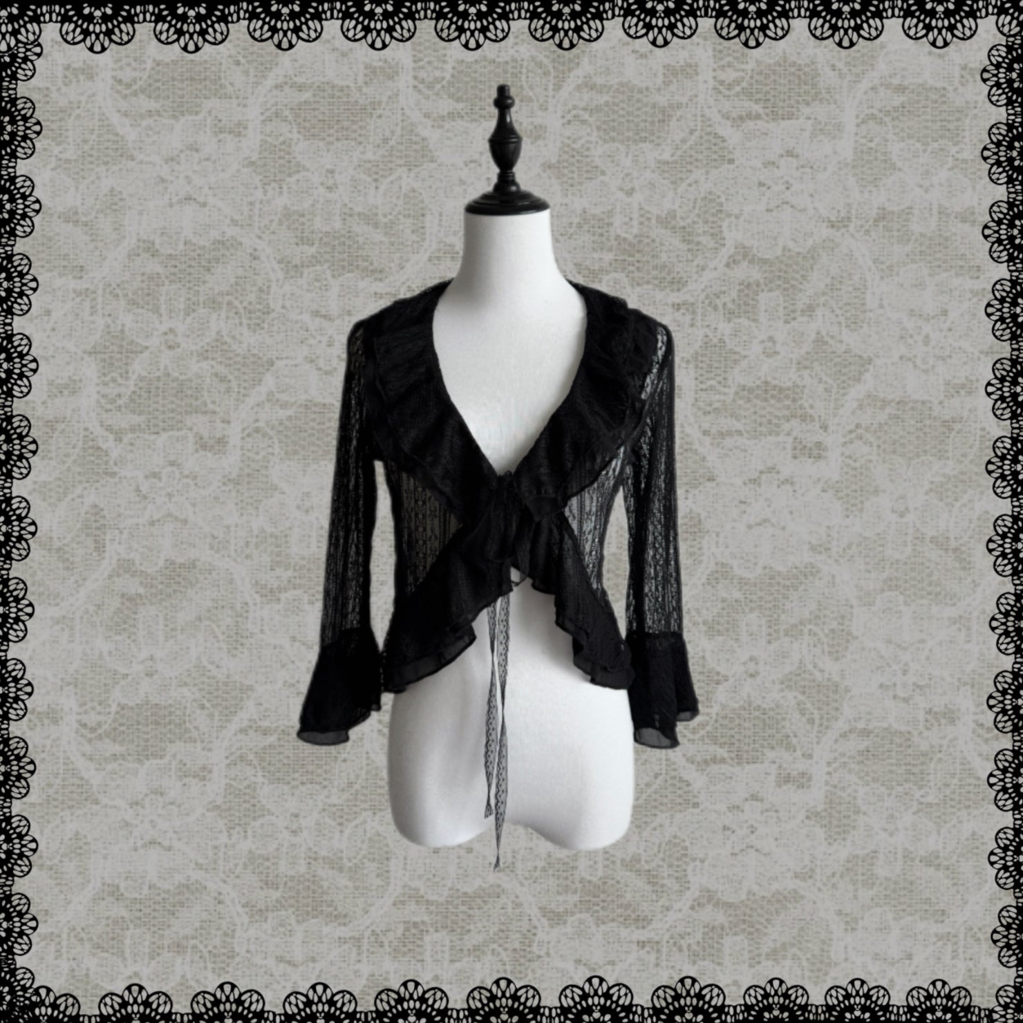 Lace Gray|Black Lace Tie-Front Cardigan with Ruffle Hem 3/4 Sleeves, Coquette Aesthetic Layered Top