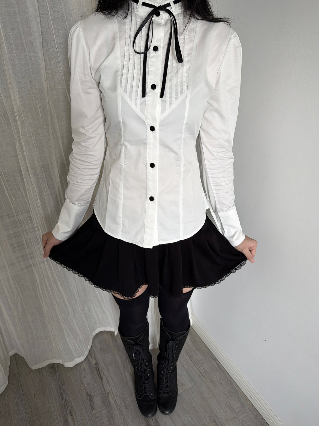 Lace Gray | Accordion‑Pleated Tie Stand‑Collar Cotton Blouse Fitted Waist