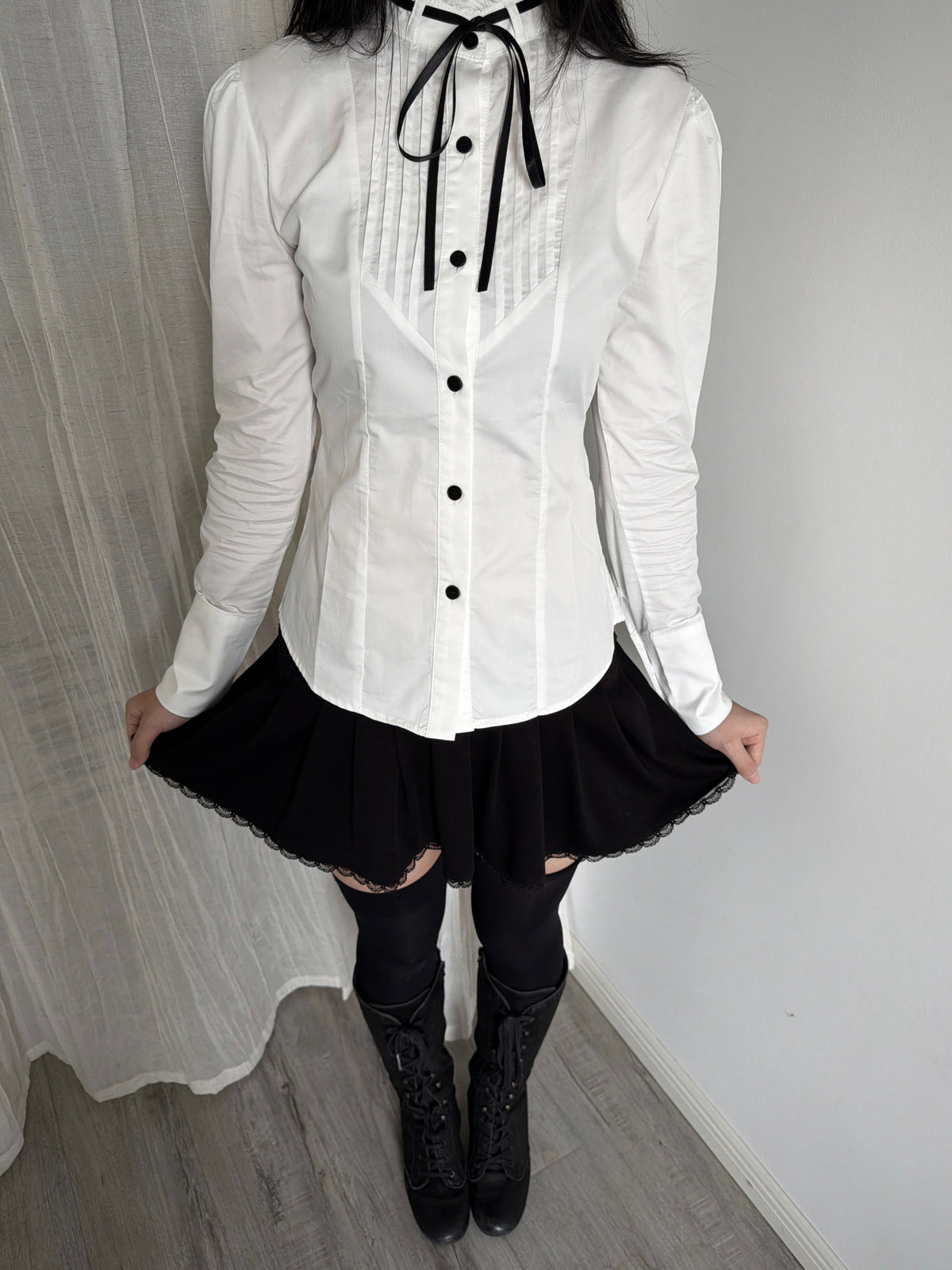 Lace Gray | Accordion‑Pleated Tie Stand‑Collar Cotton Blouse Fitted Waist