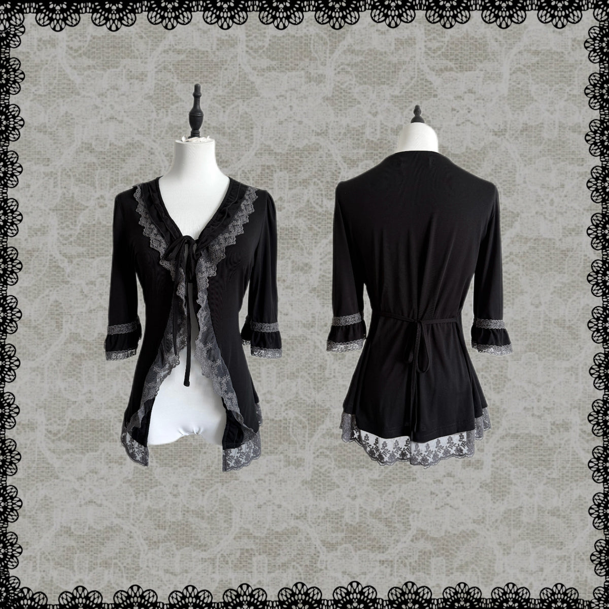 Lace Gray | Grey Lace Cardigan, Dark Layered Frill Tie Outerwear Original Dark Coquette