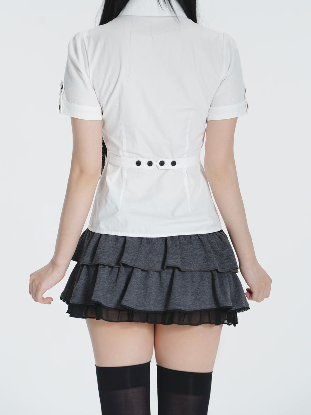 Lace Gray | Basic White Shirt, Versatile Waist Slim Black Button Foldable Cuff Summer Breathable Short Sleeve Blouse