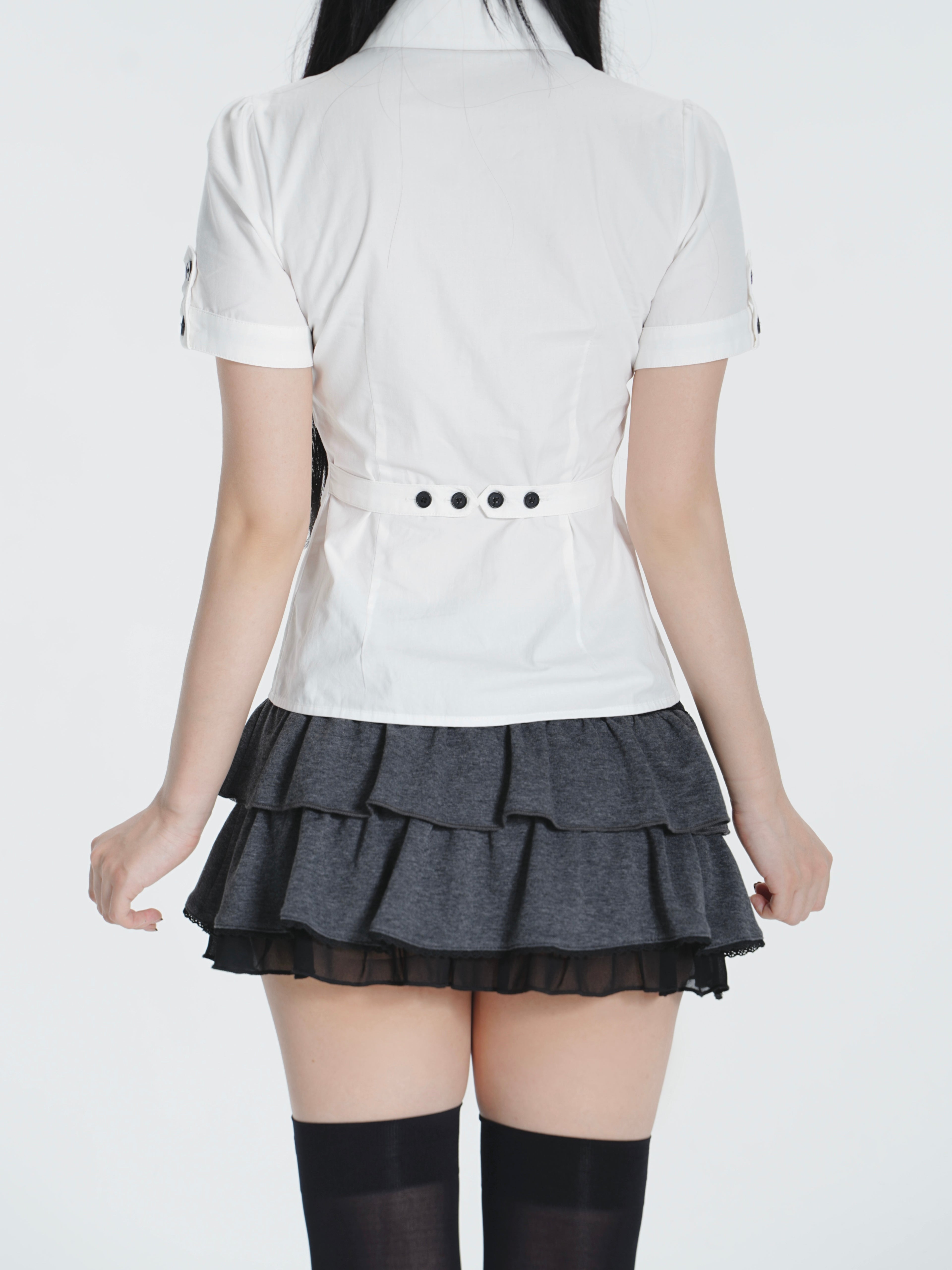 Lace Gray | Basic White Shirt, Versatile Waist Slim Black Button Foldable Cuff Summer Breathable Short Sleeve Blouse