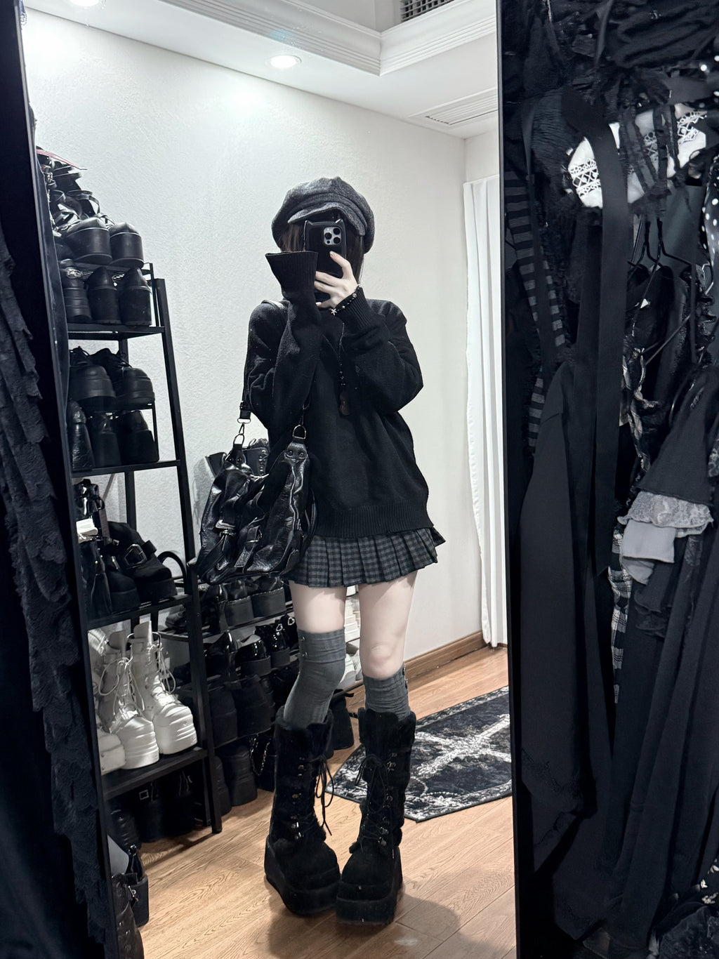 Lace Gray｜Wool Blend Black & Gray Plaid Skirt, Mid-Waist, Versatile Pleated short Skirt