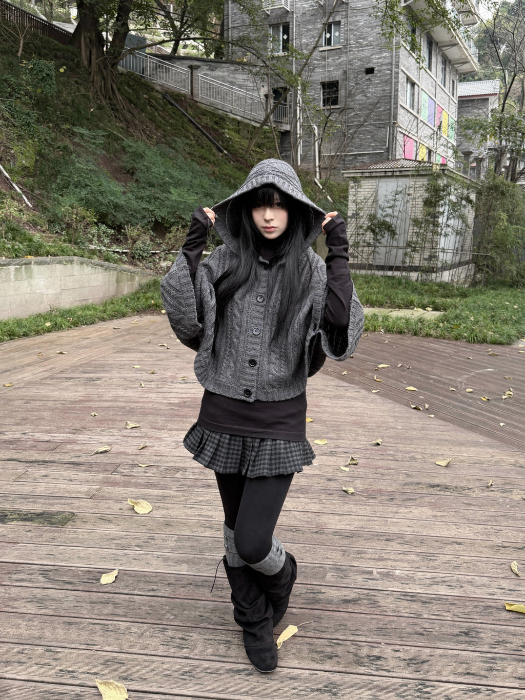 Lace Gray｜Vintage vibe Knit Hooded poncho Batwing Loose