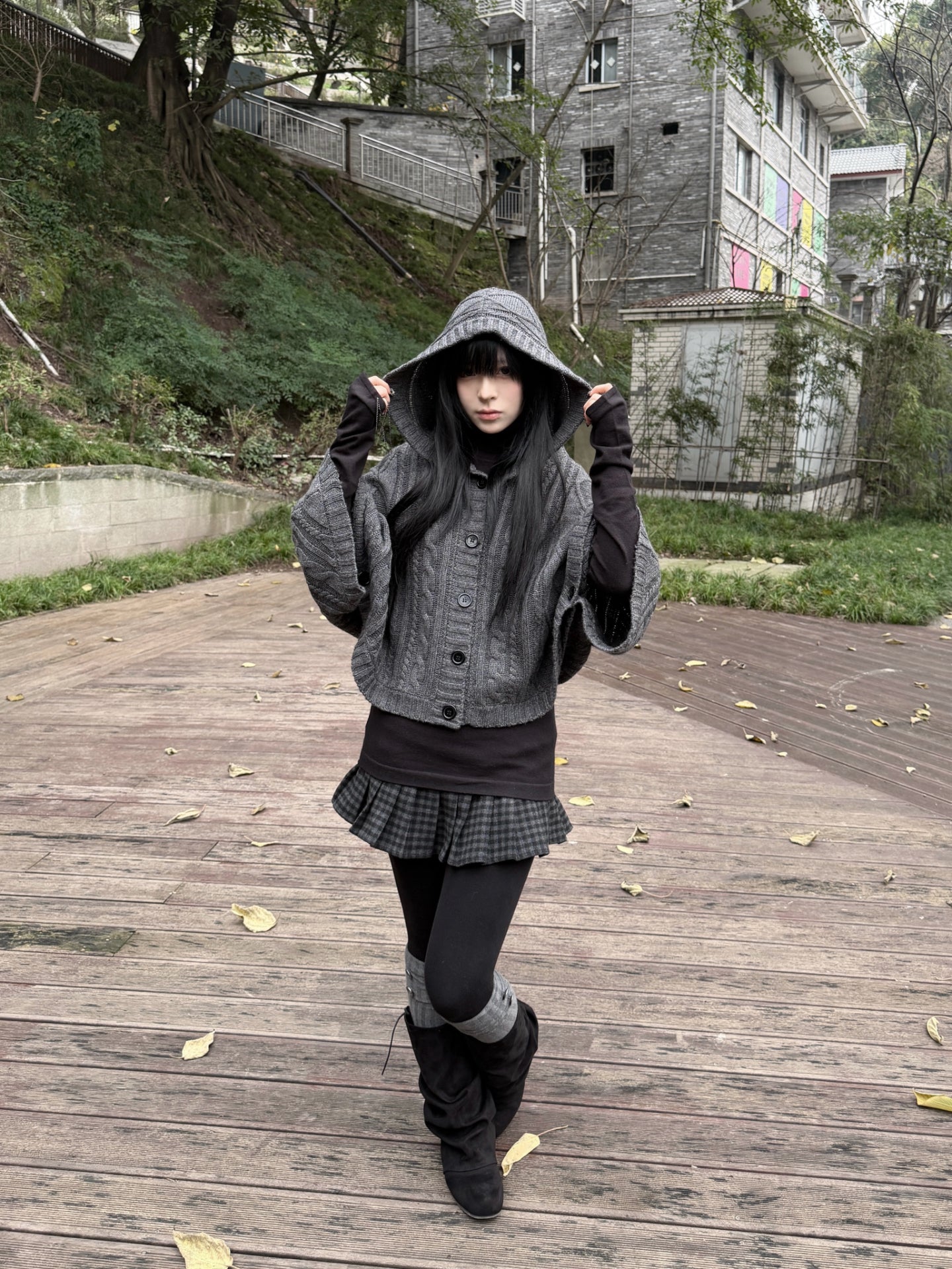 Lace Gray｜Vintage vibe Knit Hooded Cape Batwing Loose